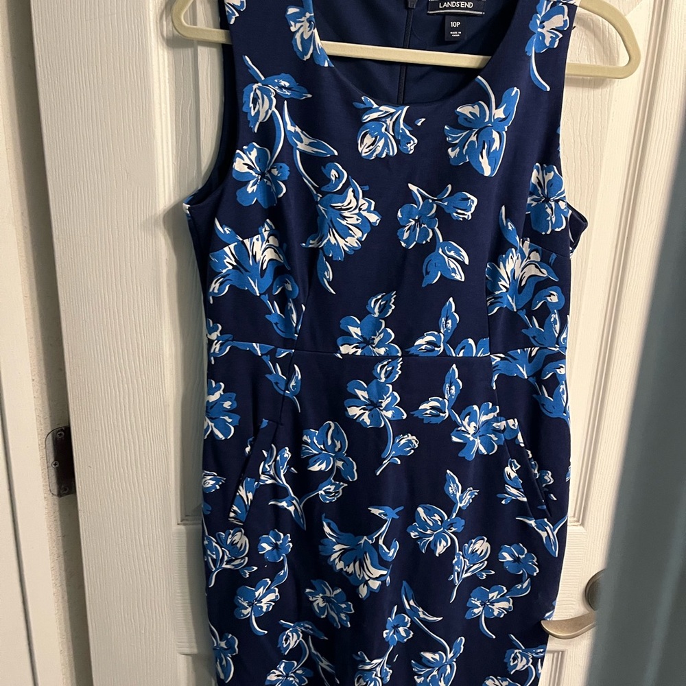 Lands' End Navy and White Floral Midi Dress
